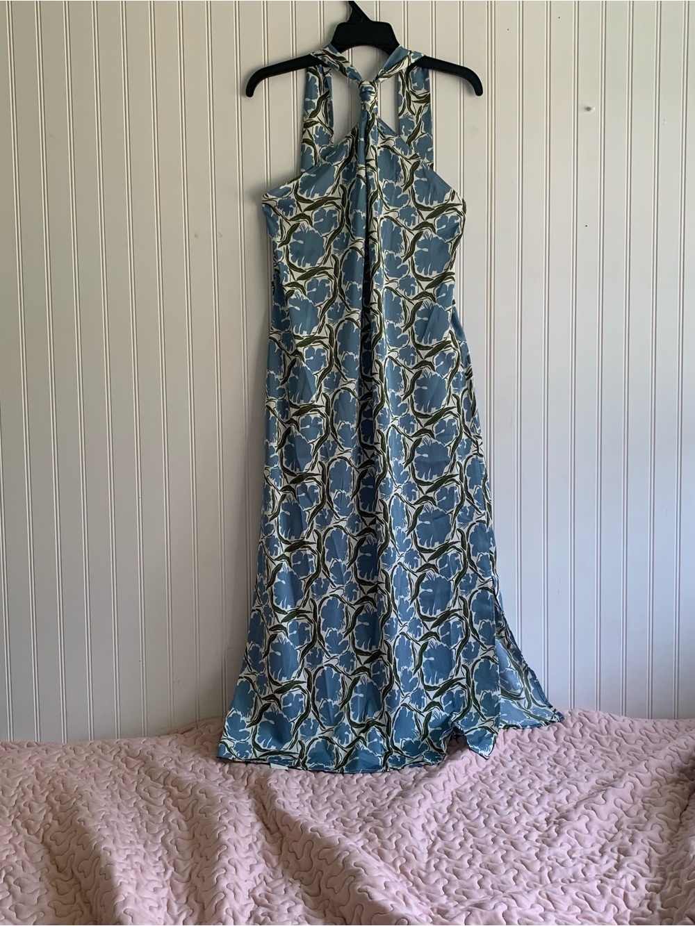Commense Blue and Cream Floral Halter Maxi Dress